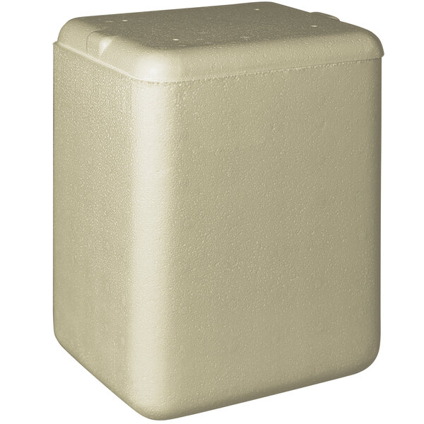 An insulated beige plastic container with a lid.