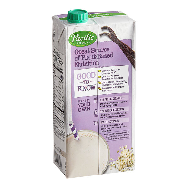 A close-up of a Pacific Foods Vanilla Hemp Milk carton.