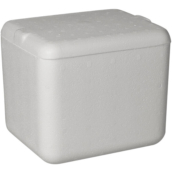 A white styrofoam cooler with a lid.