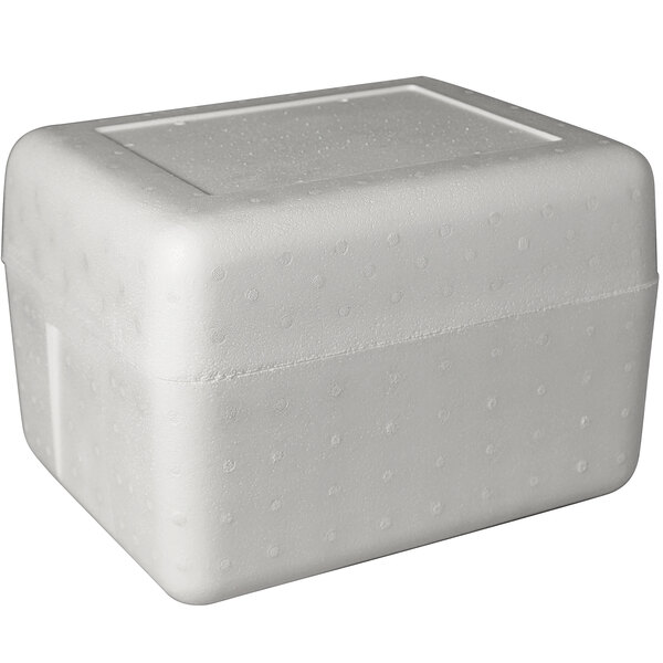 A white styrofoam insulated cooler box with holes.