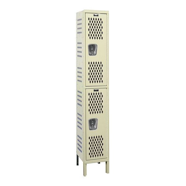 A tall white metal Hallowell wardrobe locker with two doors and ventilation panels.