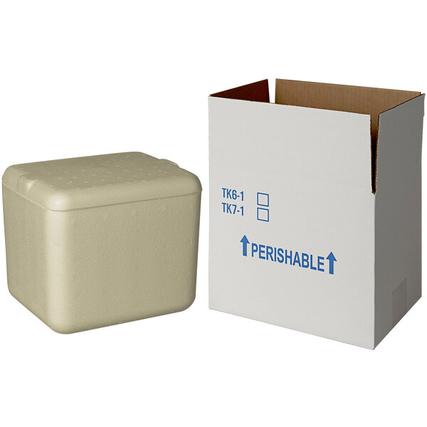 A white insulated shipping box with a lid and a cube-shaped biodegradable cooler inside.