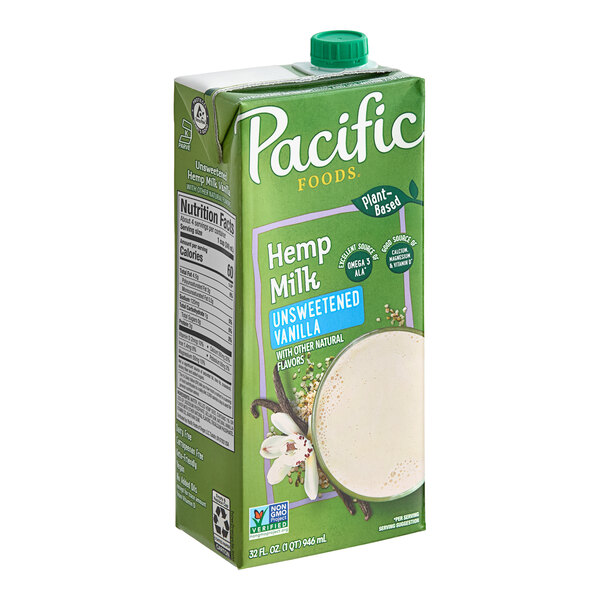 A 32 fl. oz. carton of Pacific Foods Unsweetened Vanilla Hemp Milk.