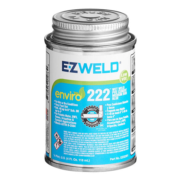 A silver can of E-Z Weld dark blue medium body wet PVC cement with a blue label.