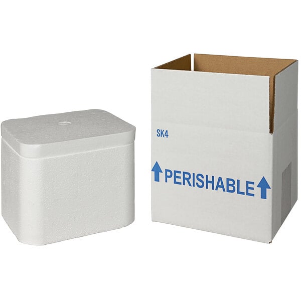 A white styrofoam box with blue writing.