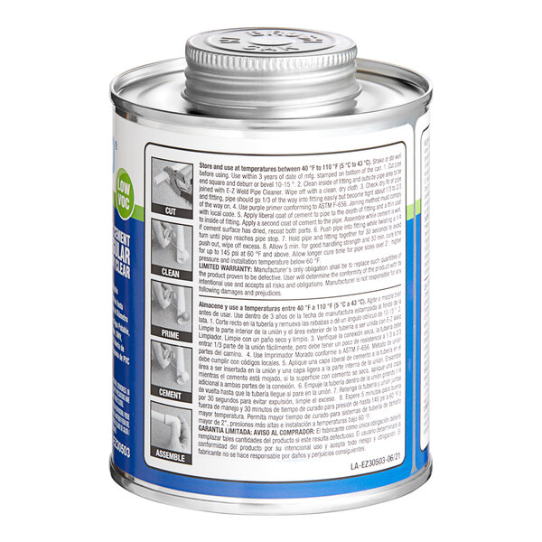 A white can of E-Z Weld Clear PVC Cement with a blue and white label.