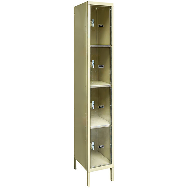 A tan Hallowell metal box locker with four shelves.