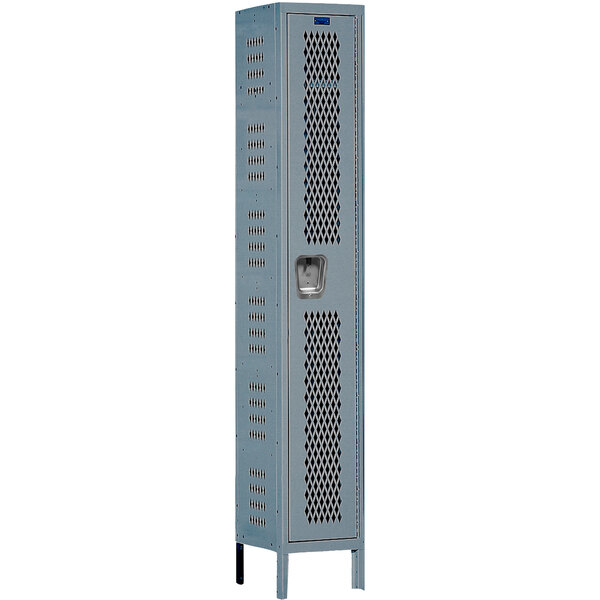 A tall gray metal Hallowell wardrobe locker with a door and ventilation holes.