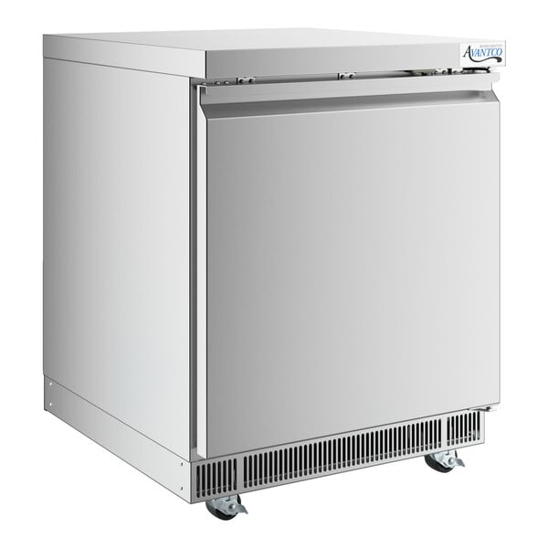 An Avantco stainless steel undercounter refrigerator with wheels.