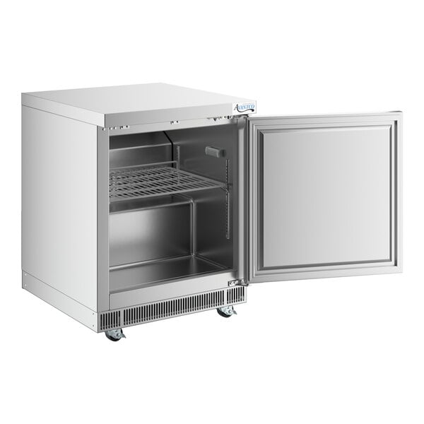 An Avantco silver undercounter refrigerator with a door open.