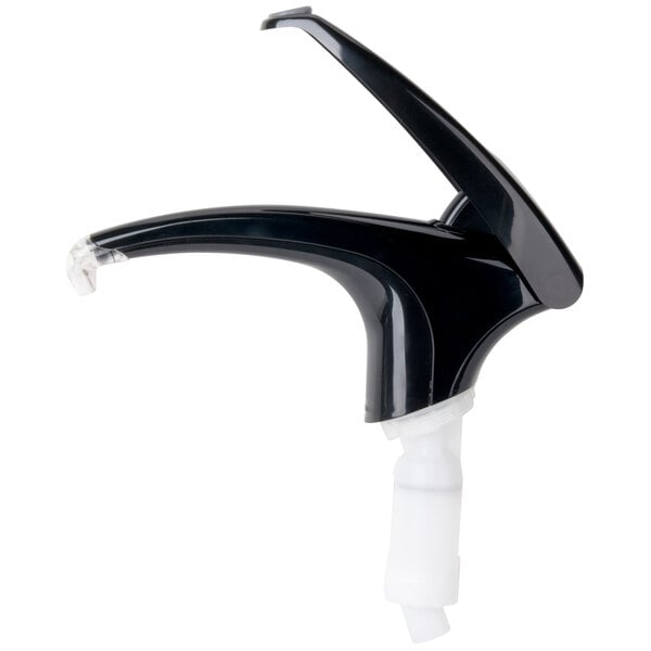 A black San Jamar FrontLine condiment pump with a white plastic spout.