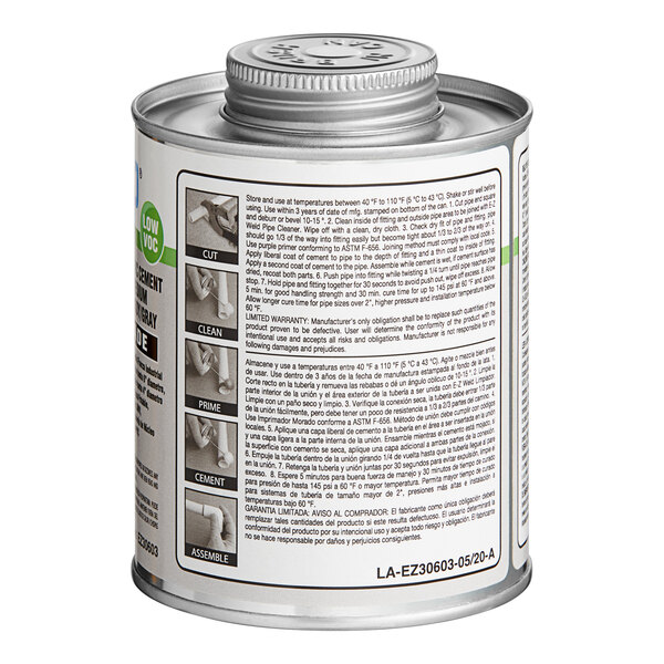 A gray can of E-Z Weld Medium Body PVC Cement with instructions on it.