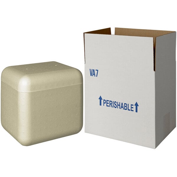 An insulated white shipping box with blue writing on it.