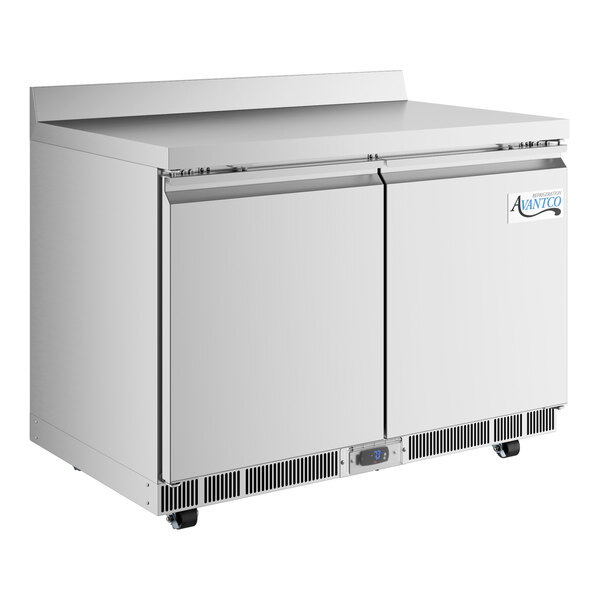 An Avantco stainless steel worktop freezer with two doors.