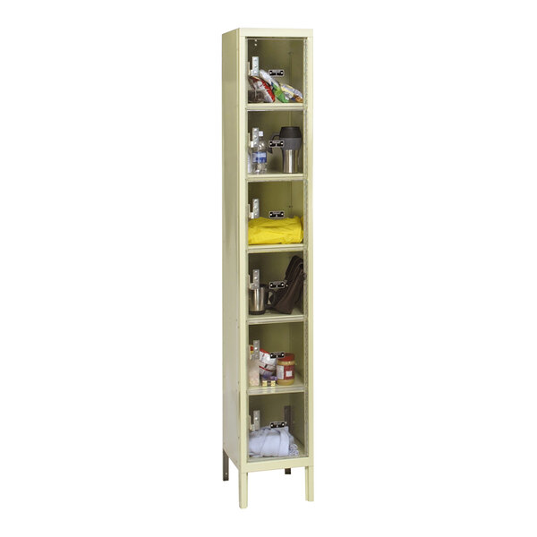 A tan Hallowell metal box locker with six tiers.