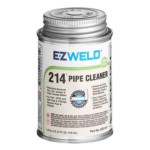 A silver can of E-Z Weld Clear Pipe Cleaner with a white label.