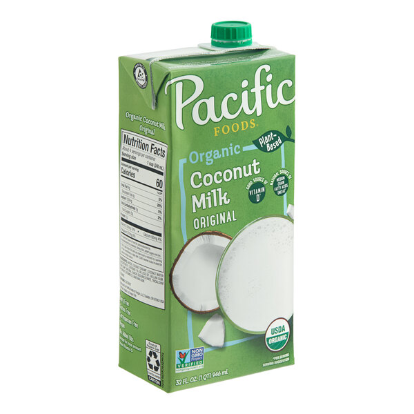 A 32 fl. oz. carton of Pacific Foods Organic Coconut Milk.