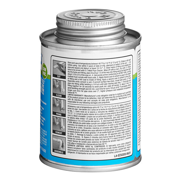 A silver can of E-Z Weld Dark Blue Wet Weld PVC Cement with a blue label.