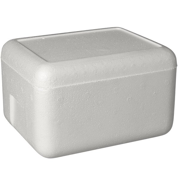 A white styrofoam cooler with a lid.