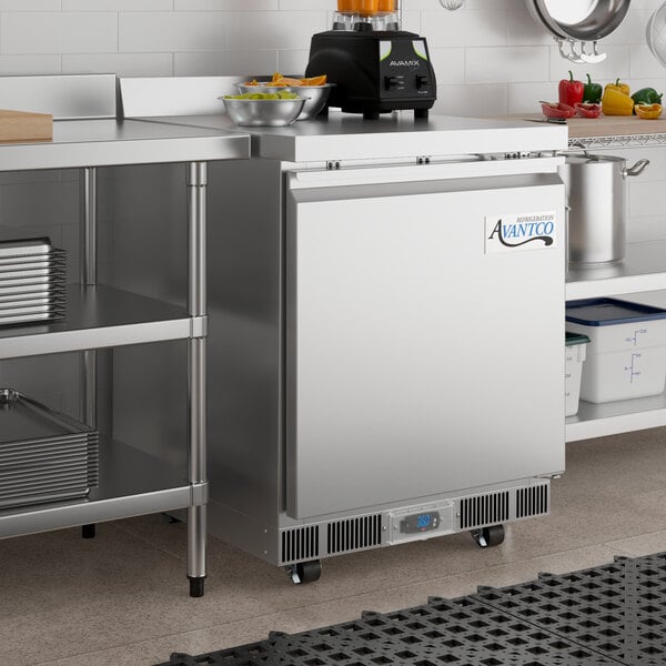 An Avantco stainless steel worktop refrigerator with a silver door.