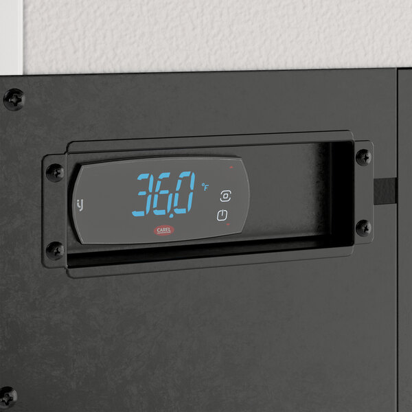 An Avantco sandwich prep table with a digital thermostat on a black surface.