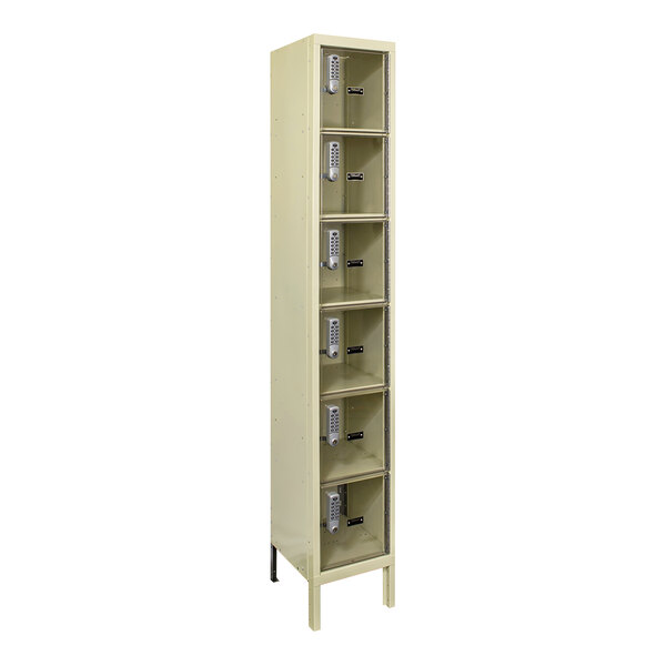 A tan Hallowell metal box locker with six compartments.