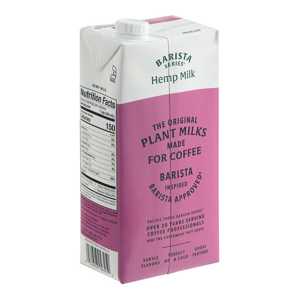 A 32 fl. oz. carton of Pacific Foods Barista Series Hemp Milk.
