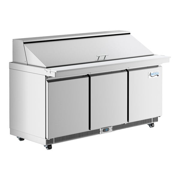 A stainless steel Avantco refrigerated sandwich prep table with three doors.
