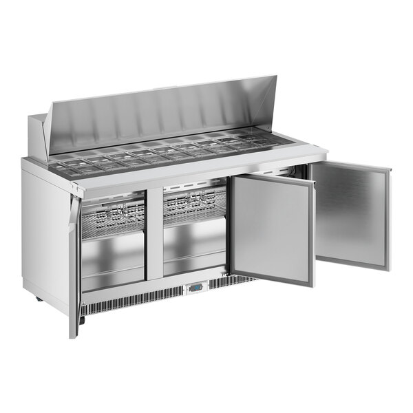 An Avantco VersaHub refrigerated sandwich prep table with open doors on a stainless steel counter.