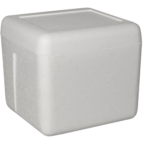 A white styrofoam cooler with a square top.