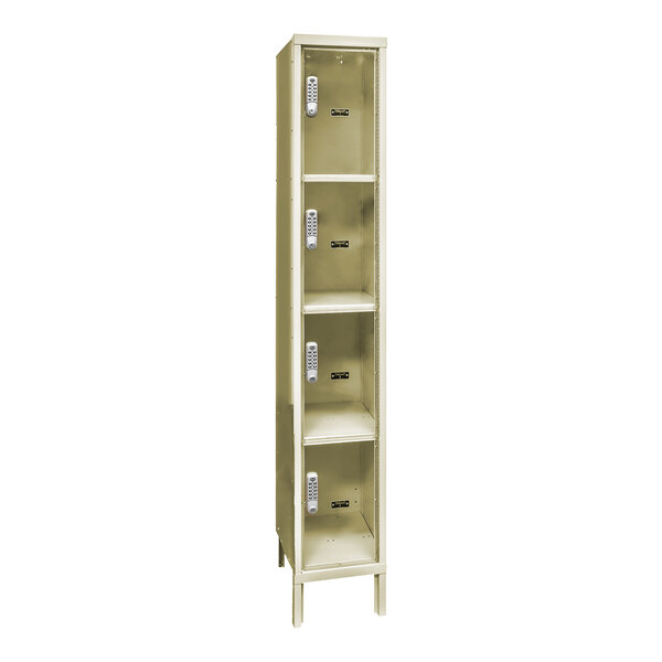 A tan Hallowell metal box locker with four shelves.