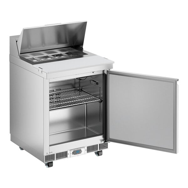 An Avantco stainless steel refrigerated sandwich prep table with a door open.