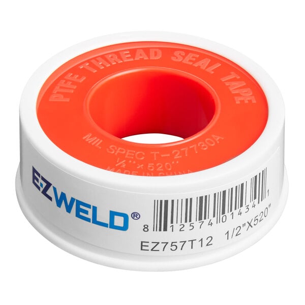 An orange and white roll of E-Z Weld PTFE tape with red and white text.