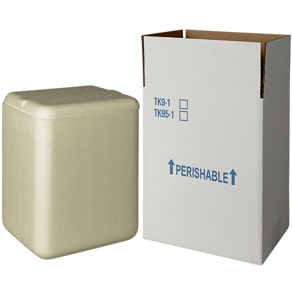 A white insulated shipping box with a white biodegradable cooler inside.