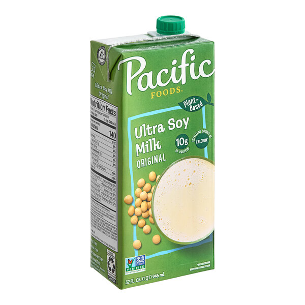 A 32 fl. oz. carton of Pacific Foods Ultra Soy Milk, original flavor.