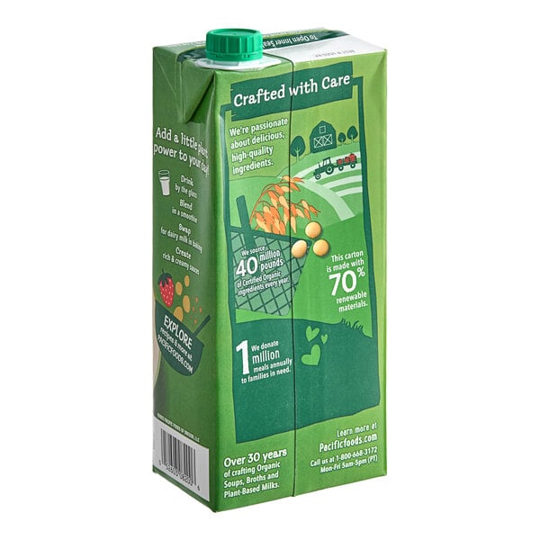 A green 32 fl. oz. carton of Pacific Foods Ultra Soy Milk with a screw cap.