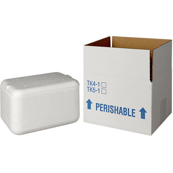 A white insulated shipping box with a blue styrofoam cooler inside.