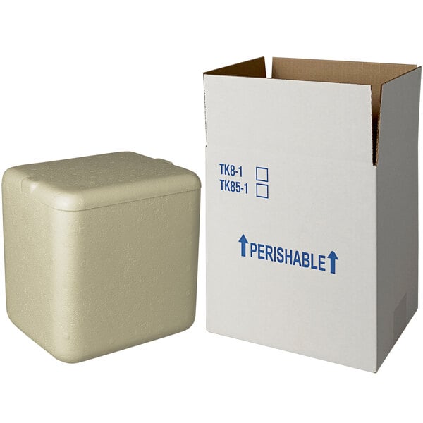 A white insulated shipping box with a white biodegradable cooler inside.