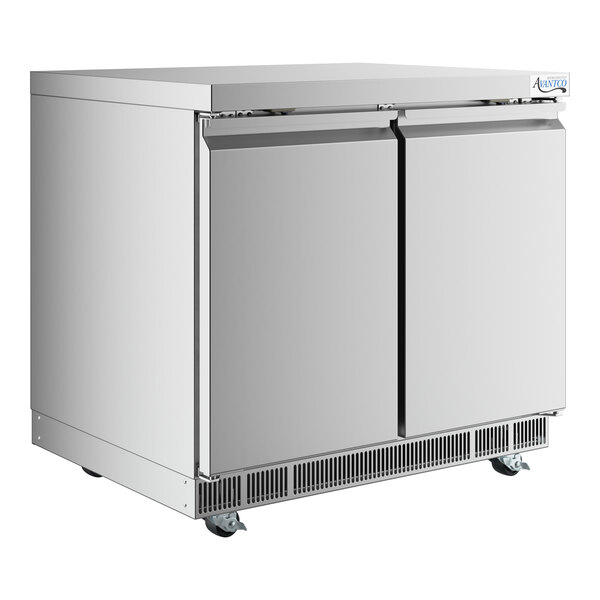 An Avantco stainless steel undercounter refrigerator with two doors.