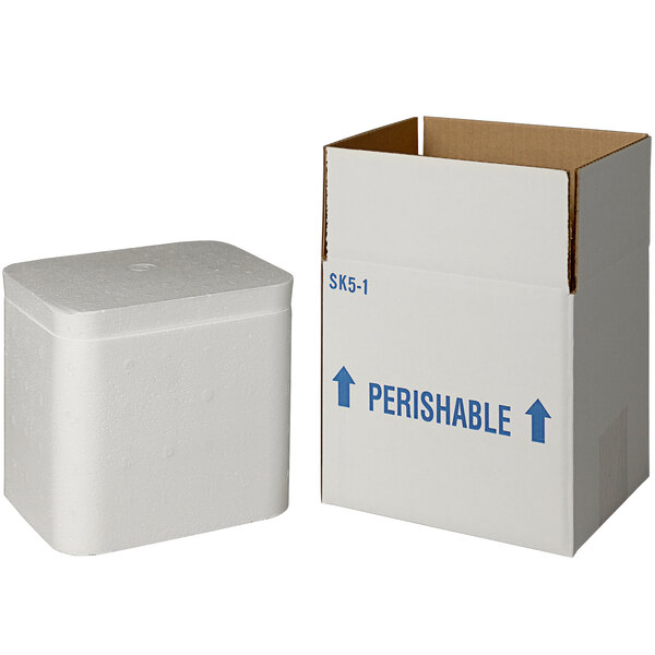 A white insulated shipping box with a white foam cooler inside.