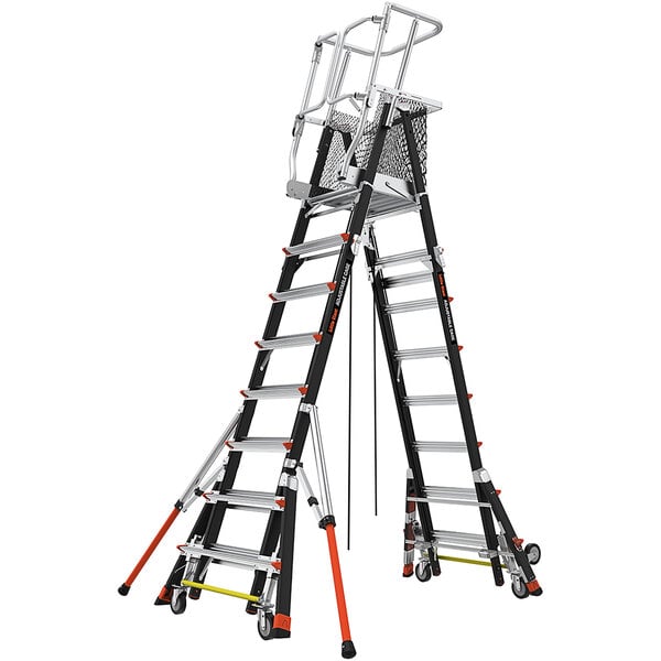 A Little Giant fiberglass industrial ladder with a safety cage on top.