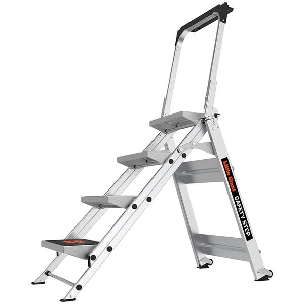 A Little Giant aluminum step ladder with a black and orange handle.