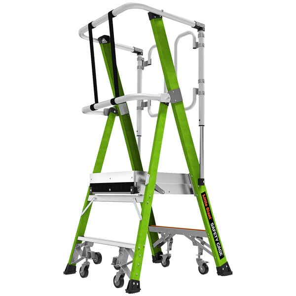 A green and white Little Giant fiberglass safety cage ladder with wheels.