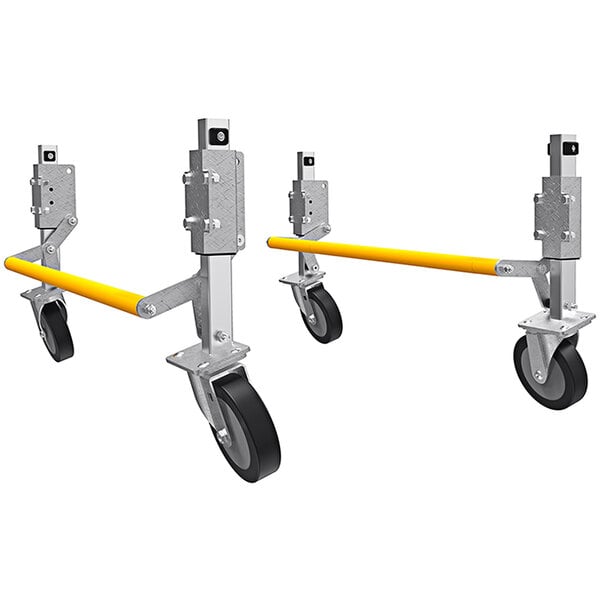 Two yellow and black metal wheel lifts with black wheels for Little Giant Safety Cage Ladders.