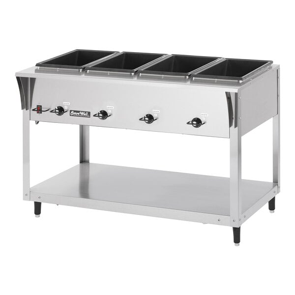 A stainless steel electric four pan hot food table with sealed wells and an open lower shelf.