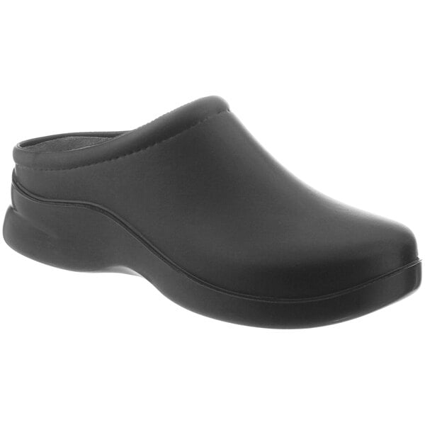 A pair of black Klogs clog shoes with a rubber sole.