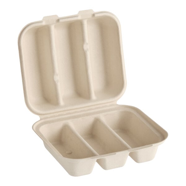 World Centric 3-Compartment Compostable Fiber Taco Clamshell 8" x 7" x 3" - 300/Case