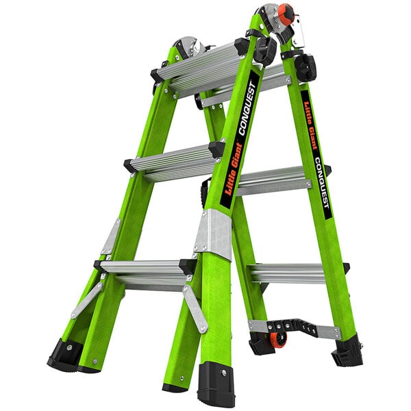 A green Little Giant Conquest 2.0 articulated ladder with black handles.