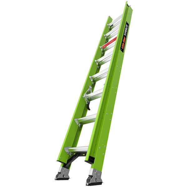 A green Little Giant HyperLite fiberglass extension ladder with black wheels.