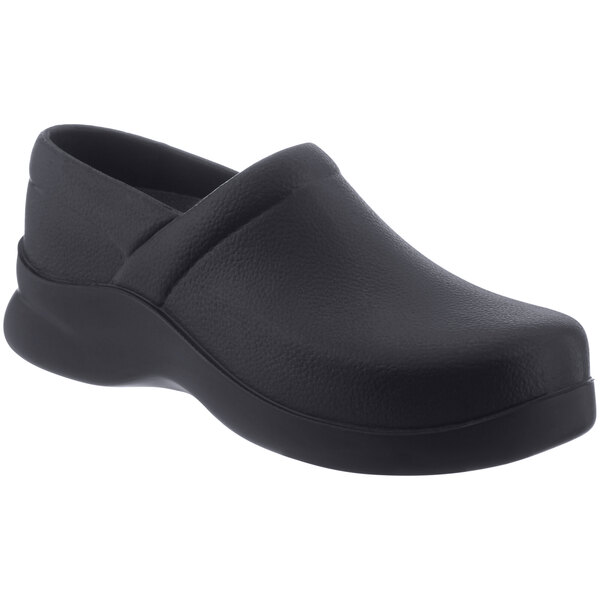 A navy leather Klogs clog with a rubber sole.